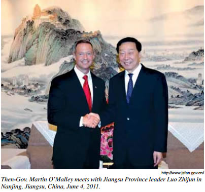 http://www.jsfao.gov.cn/  Then-Gov. Martin OMalley meets with Jiangsu Province leader Luo Zhijun in
Nanjing, Jiangsu, China, June 4, 2011.