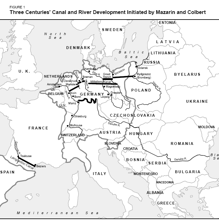 Map of waterways initiated by Mazarin and Colbert