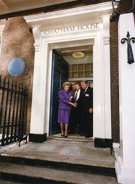 Margaret Thatcher at the door of Chatham House.