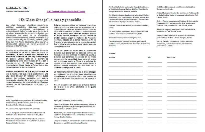 &iexcl;Es Glass-Steagall o caos y genocidio! (volante del Instituto Schiller)